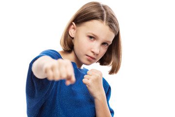 cute teen girl with fists, close up, isolated on white background