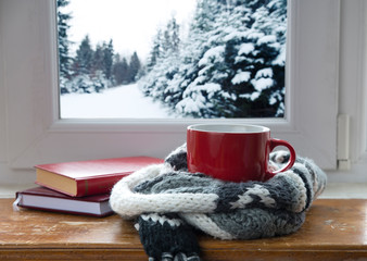 Winter background - cup with candy cane, woolen scarf and gloves on windowsill and winter scene outdoors. Still life with concept of spending winter time at cozy home with cold weather outdoors