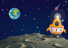 Lunar Ground Illustration With Rocket And Earth Sight. Vector Cartoon Illustration