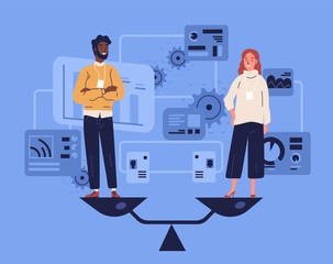 Poster - Smiling man and woman standing on weighing dishes of balance scale. Concept of gender equality at work or in business, equal rights for both sexes. Colorful vector illustration in flat cartoon style.