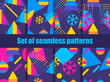 Set of seamless pattern memphis with snowflakes and fir-trees. Collection of Christmas backgrounds. Great for brochures, promotional material, wrapping paper and wallpapers. Vector illustration