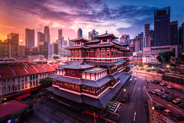 Buddha Tooth Relic Temple at sunrise in China town, Singapore.