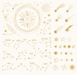 Set of golden space design elements. Zodiac signs. sun, moon, stars, comets. Vector gold illustration. Isolated.