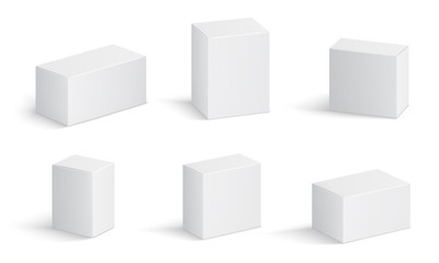 white cardboard boxes. blank medicine package in different sizes. medical product square box 3d vect