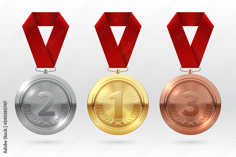 Sports medals. Golden silver bronze medal with red ribbon. Champion winner awards of honor vector isolated template. Illustration of championship trophy, champion medal of set - obrazy, fototapety, plakaty 