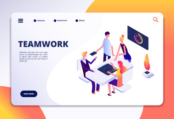 Poster - Workspace isometric landing page. People team work in office. Partnership, business process persons working together vector concept. Illustration of teamwork and team working 3d