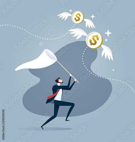 Fotomural Businessman is trying to catch flying dollar coin with a scoop-net