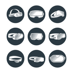 Sticker - Virtual reality glasses and helmets vector icons set. Illustration of vr device, virtual helmet for cyberspace game