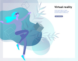 Wall Mural - Man and woman wearing virtual reality headset and looking at abstract sphere. Colorful vr world. Virtual augmented reality glasses concept with people learning and entertaining. Landing page template