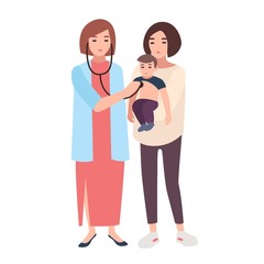 Wall Mural - Female doctor, medical adviser or pediatrician listening with stethoscope heart beat of little boy held by his mom. Visit to clinic or hospital. Colorful vector illustration in flat cartoon style.