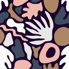 Poster - Trendy seamless pattern with unusual pink and brown nature shapes or marks on dark background. Creative bright colored vector backdrop in flat style for wrapping paper, wallpaper, fabric print.