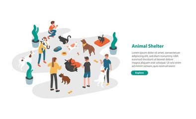 Poster - Web banner template with people or volunteers feeding pets and playing with them in animal shelter, pound, rehabilitation or adoption center for cats and dogs. Colorful isometric vector illustration.