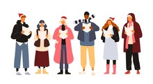 Choir Or Group Of Cute Men And Woman Dressed In Outerwear Singing Christmas Carol, Song Or Hymn. Smiling Street Singers Or Carolers Isolated On White Background. Holiday Flat Vector Illustration.