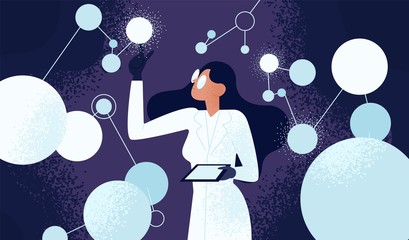 Female scientist in lab coat checking artificial neurons connected into neural network. Computational neuroscience, machine learning, scientific research. Vector illustration in flat cartoon style.