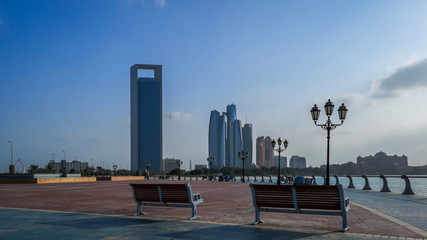 Beautiful view of Abu Dhabi city street, famous skyscrapers, and towers