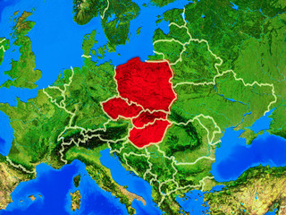  Visegrad Group from space on model of planet Earth with country borders and very detailed planet surface.