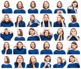 Set of emotional pictures of teen girl, close-up, white background