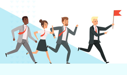 Sticker - Business people running. Workers managers male female goes with their mentor leader director red flag hand leadership vector concept. Leader business with flag, leadership man manager illustration