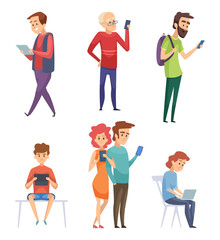 Canvas Print - People with gadgets. Male female kids student lifestyle smartphones tablets laptop mobile phone chatting smart pad vector characters. Illustration of female and male with phone and tablet