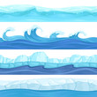 Seamless water waves. Liquid and ice surface ocean and river texture vector backgrounds for 2d platforming games. Sea water pattern wave, marine ice curve illustration
