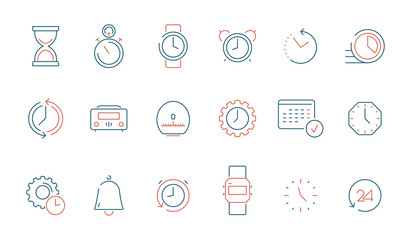 Canvas Print - Time icon. Calendar clock watch fast timing vector colored thin line symbols isolated. Clock and calendar, stopwatch and timer linear icons illustration