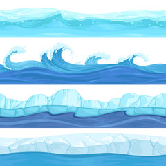 Wall Mural - seamless water waves. liquid and ice surface ocean and river texture vector backgrounds for 2d platf