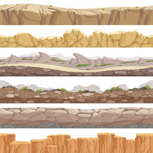 Old Rock Road Seamless. Endless Fantastic Rockie Ground Various Types Games Landscape Vector Backgrounds. Ground Scene Stony, Nature Level Layer Pattern For Gui Illustration