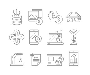 Poster - business and technology icons. software program sync internet network construction thin line symbols