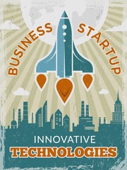 Sticker - Rocket retro poster. Business startup concept with shuttle or spaceship vintage creative space 40s vector placard. Illustration of rocket and spaceship, shuttle startup launch