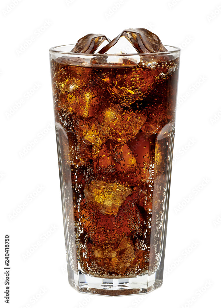 Cola in glass with clear ice cubes isolated on white background - obrazy, fototapety, plakaty 