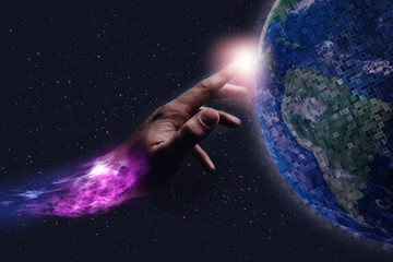 Poster - Forefinger touches a earth pixel in infinite space. Mixed Media. Concept matrix universe.