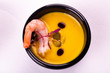 Puree with sunflower seeds and a shrimp with oil