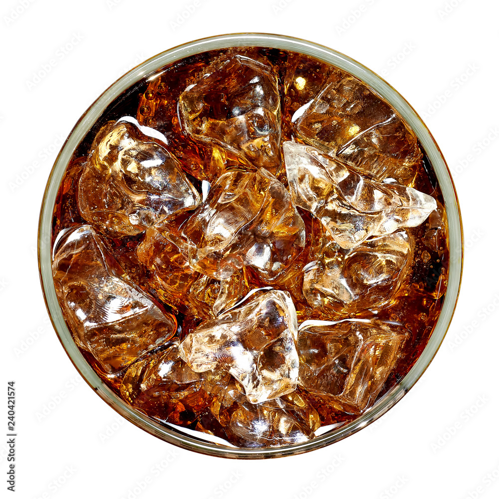 Cola in glass with ice cubes from top view isolated on white background ...