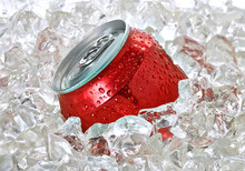 Soda Or Cola Can In Crushed Ice Cubes