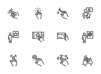 Poster - Hand gesture icons. Set of line icons. Pressing button, clapping, message, ticking. Hand sign concept. Vector illustration can be used for topics like communication, technology, networking