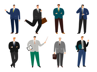 Wall Mural - Office cheerful man. Businessmen full body avatars vector illustration, smiling cartoon positive business human isolated on white background