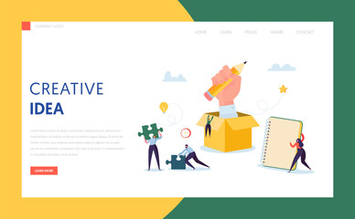 Poster - Creative Idea Business Technology Landing Page. Character Team Work Together on Success Solution Plan for Project. Man with Puzzle, Pencil and Notepad. Website or Web Page. Flat Vector Illustration