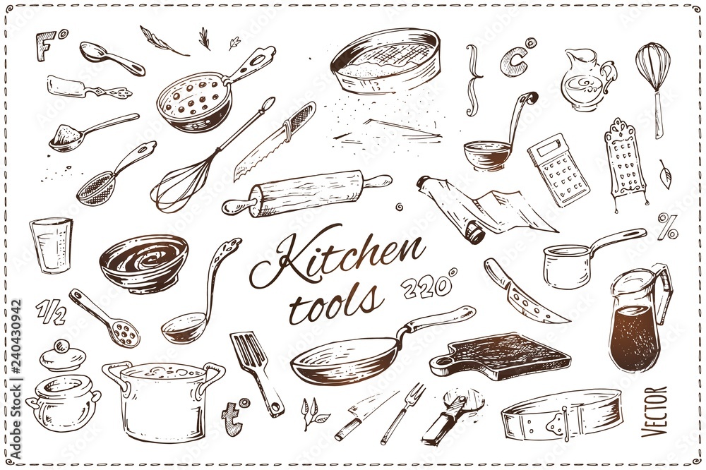 Hand drawn kitchen tools isolated vector icons set Stock Vector | Adobe ...