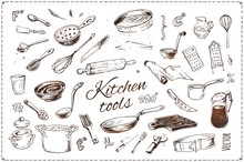Hand Drawn Kitchen Tools Isolated Vector Icons Set
