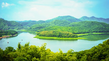 Mountain Lake - Landscape Of River Green Mountain With Bamboo Houseboat Raft Floating Looking From Viewpoint