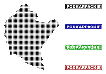 Dot vector abstract Podkarpackie Voivodeship map and isolated clean black, grunge red, blue, green stamp seals.