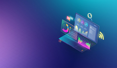 Fototapete - Financial analytic and business infographic elements on screen laptop concept. Isometric set of infographics with data financial graphs or diagrams and information data statistic Vector.