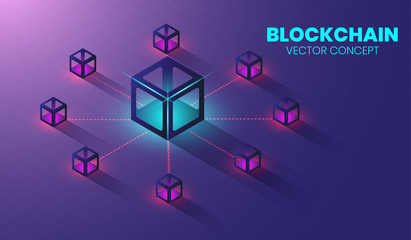 Poster - isometric blockchain technology concept, shape of block chain connected together. vector