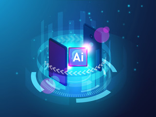 Poster - artificial intelligence cpu concept with smartphone, ai computing with circuit board, machine learni