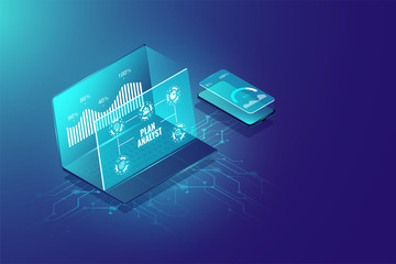 Fototapete - Business analysis system isometric design concept, management marketing, researching information for business. Vector illustration.