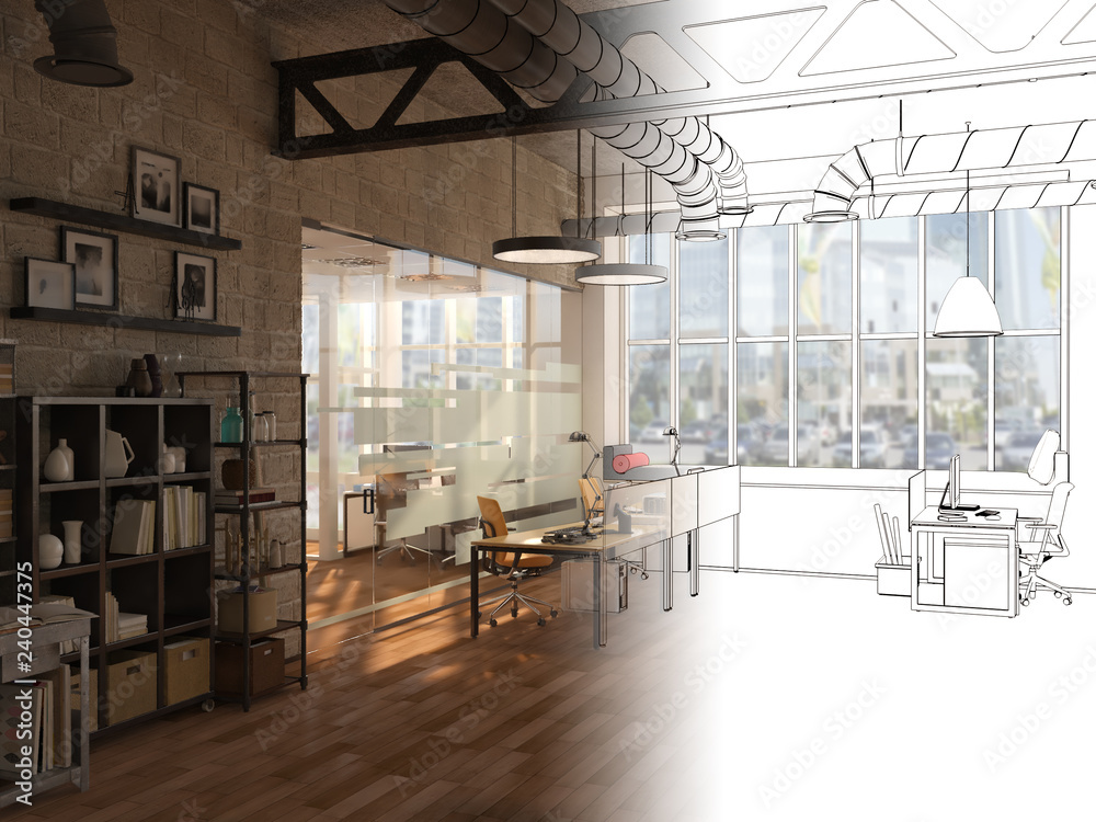 Unfinished project of country style coworking office interior. 3D Rendering - obrazy, fototapety, plakaty 