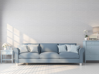 Vintage living room 3d render,There are white brick pattern wall,wood plank floor,blue pastel color furniture,The room has sunlight shining through to inside.