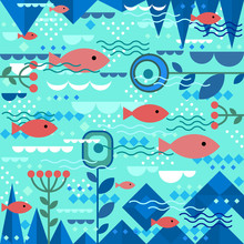 Underwater Design With Fishes And Floral Elements In Modern Flat Geometric Style. Colorful Vector Background, Abstract Shapes.