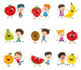 Vector Illustration Of Kids And Fruit Characters