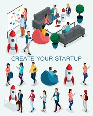 Poster - Trendy isometric people, 3d businessman, concept with young people, young team of specialists, creating startup, brainstorming strategy development isolated